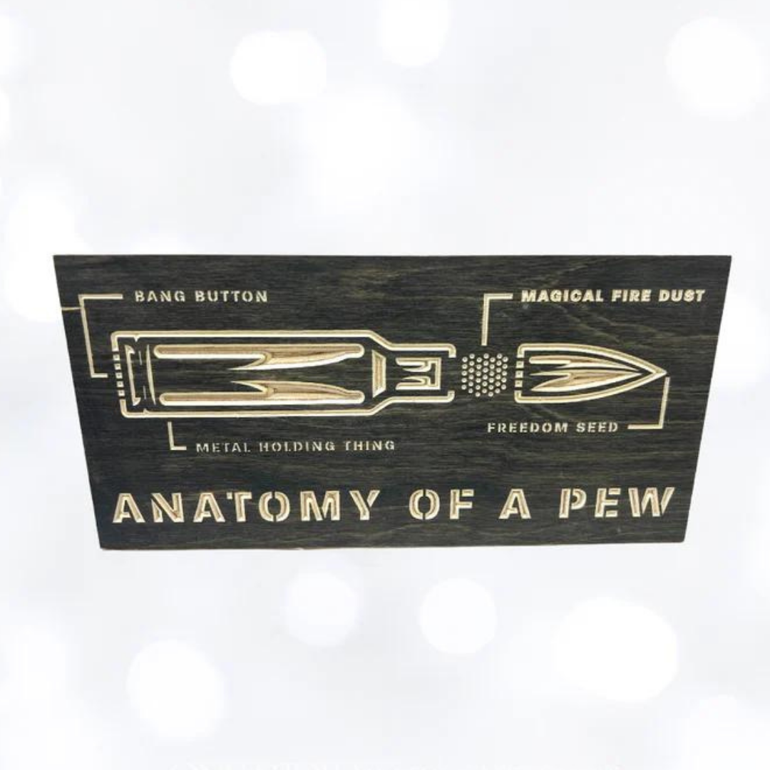 ANATOMY OF A PEW Gun Bullet 5x10 Wood Sign