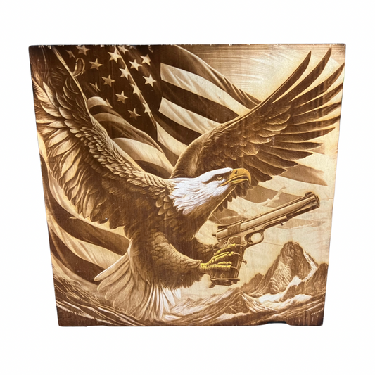 Bald Eagle With Gun & Flag Laser Engraved Wood Sign 10x10