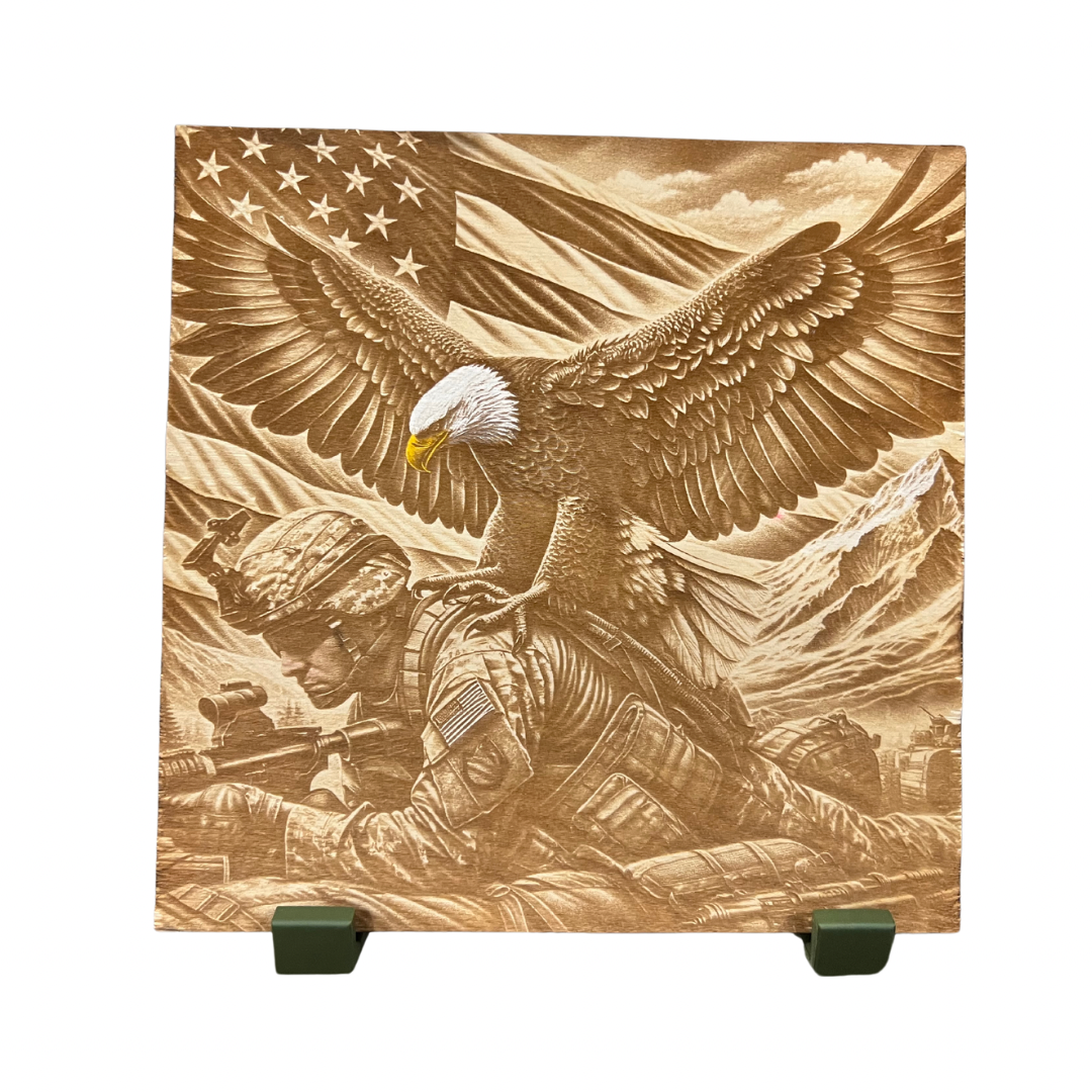 MILITARY Bald Eagle Patriotic Flag Laser Engraved Wood Sign 10x10