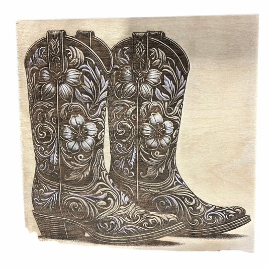 COWGIRL BOOTS Floral Laser Engraved Wood Sign