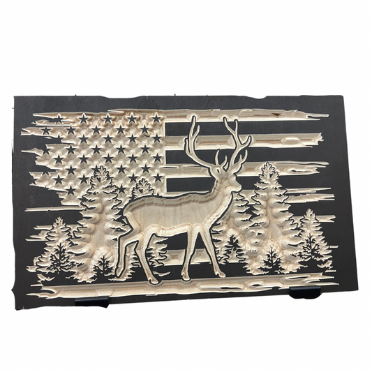 US Flag with a big Buck - Wood Sign